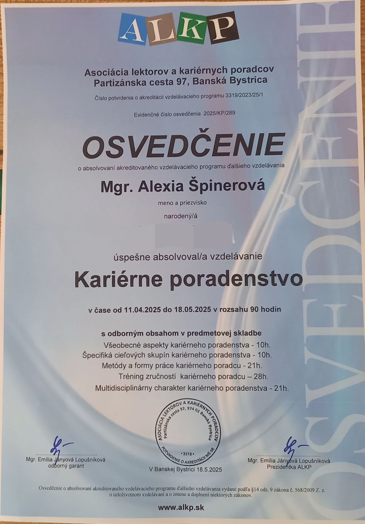 Osvedčenie o absolvovaní medzinárodného koučingového programu